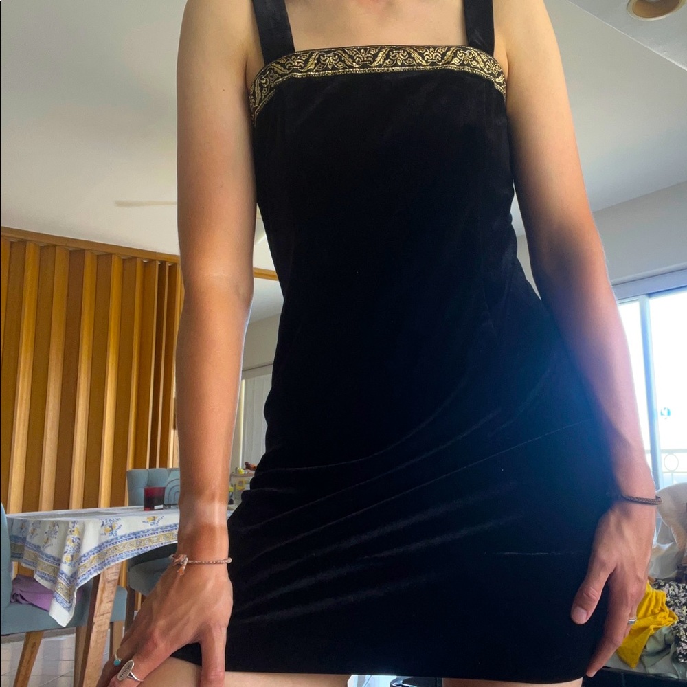 Beautiful vintage velvet minidress with gold trim!